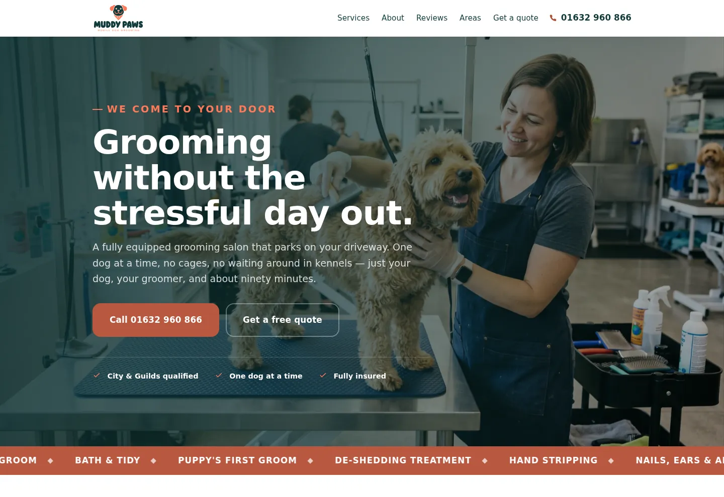 Muddy Paws Mobile Grooming website, Mobile dog groomer