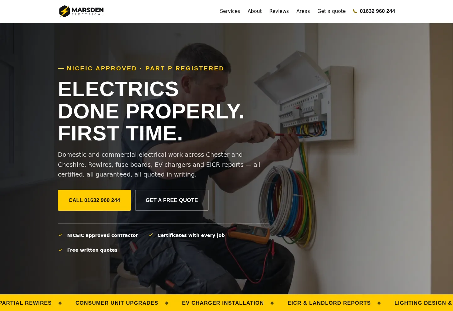 Marsden Electrical website, Electrician